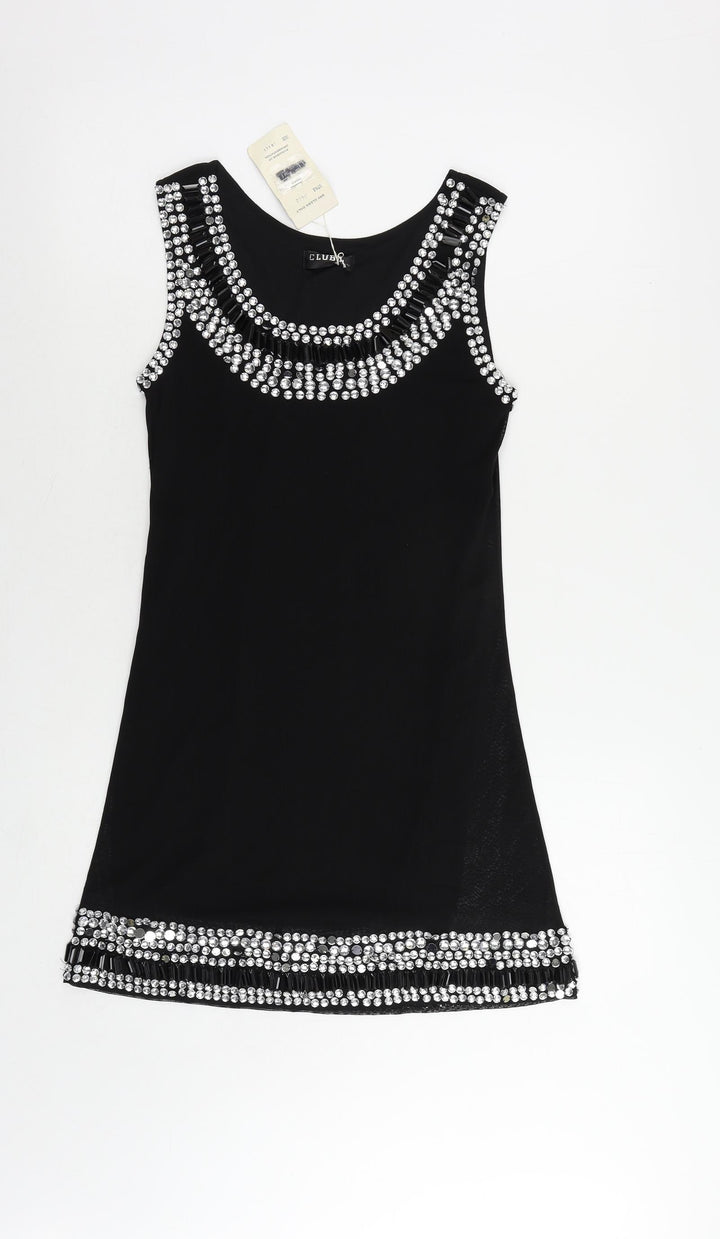 Club L Womens Black Polyester Shift Size S Boat Neck Pullover - Embellished