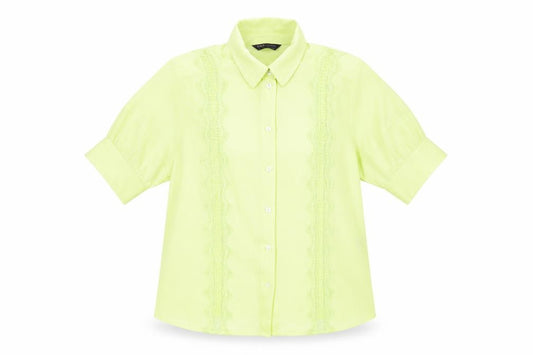 Front view of Marks & Spencer women’s yellow polyester basic button-up, size UK 12, collared
