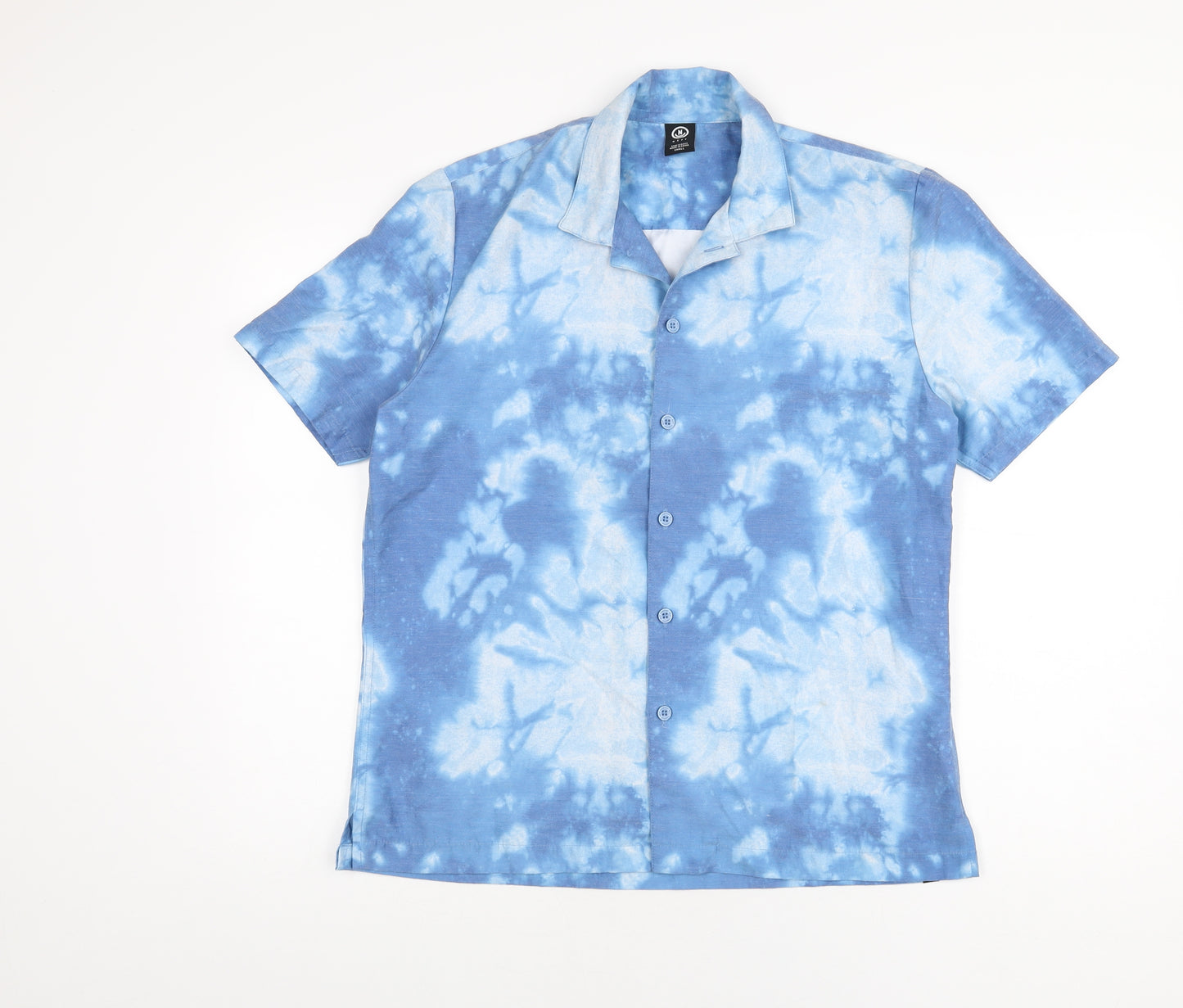 Neff Mens Blue Geometric Polyester Button-Up Size S Collared Button