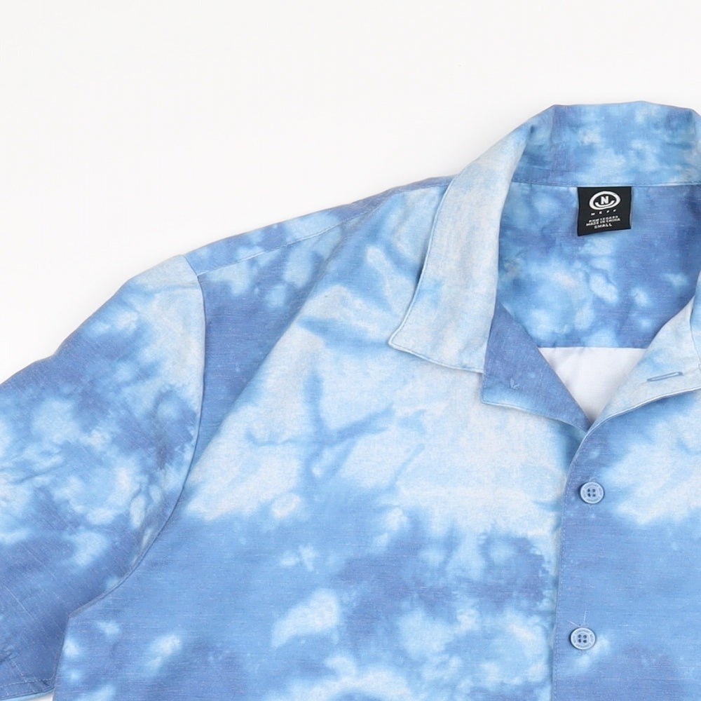 Neff Mens Blue Geometric Polyester Button-Up Size S Collared Button