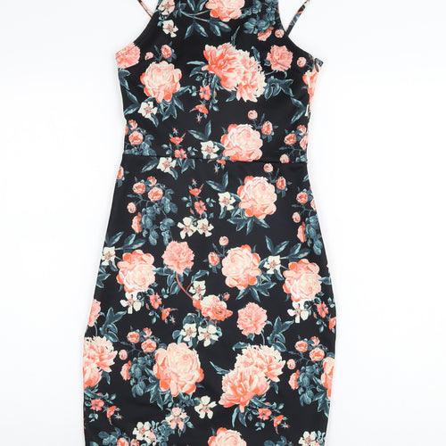 Superdry Womens Black Floral Polyester Bodycon Size XS Square Neck Zip