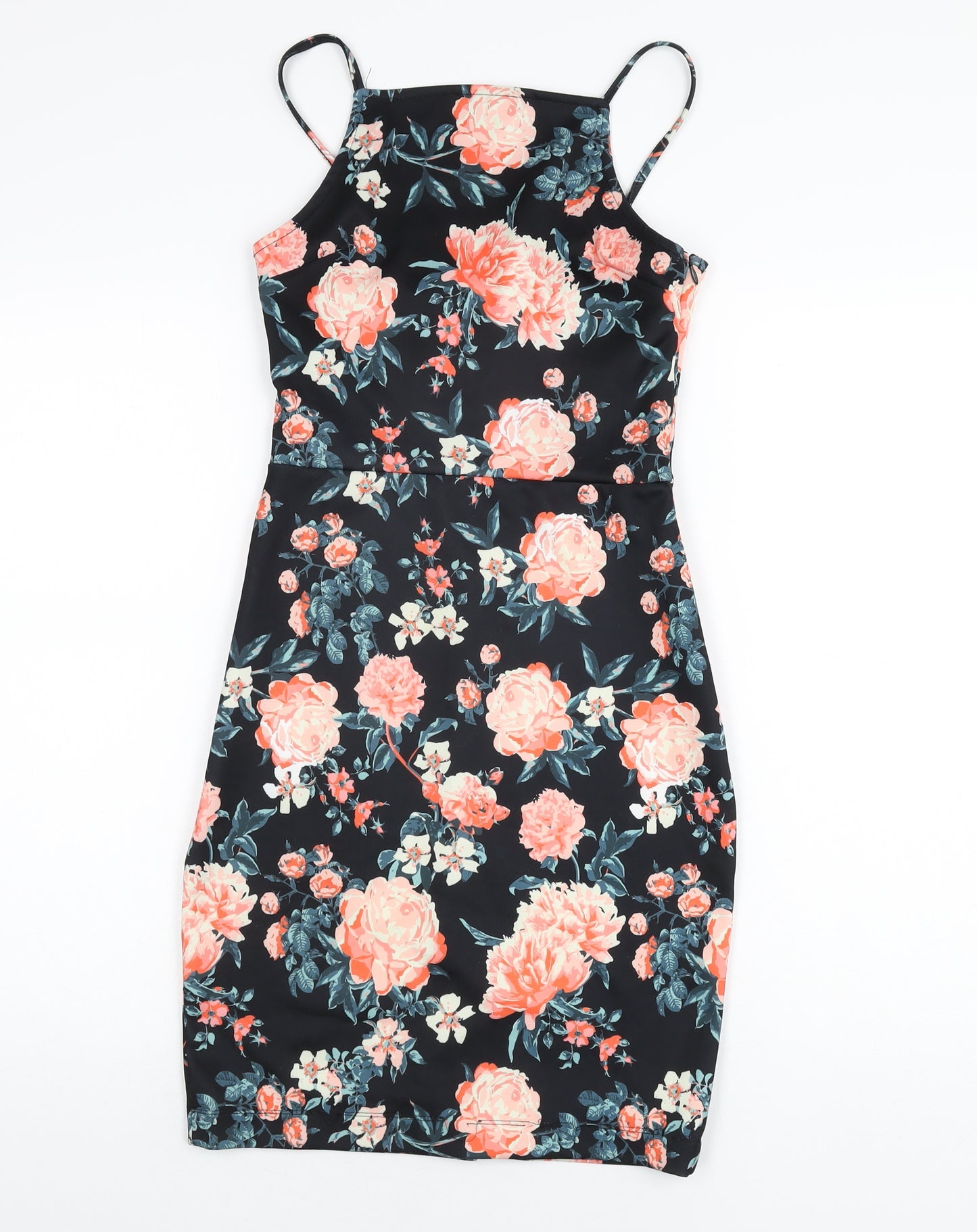 Superdry Womens Black Floral Polyester Bodycon Size XS Square Neck Zip