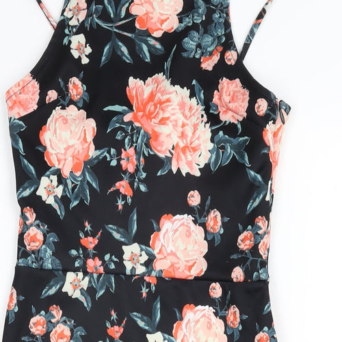 Superdry Womens Black Floral Polyester Bodycon Size XS Square Neck Zip
