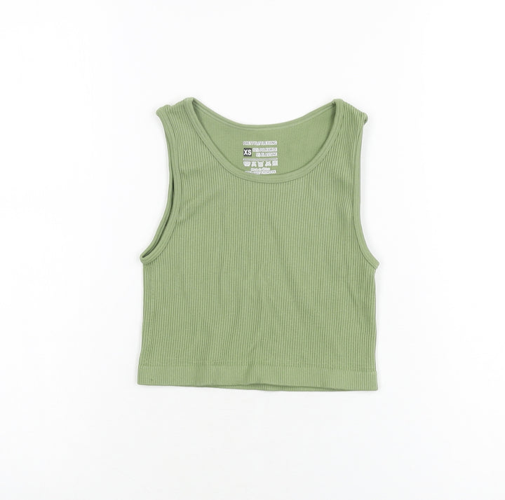 PRETTYLITTLETHING Womens Green Polyester Cropped T-Shirt Size XS Round Neck