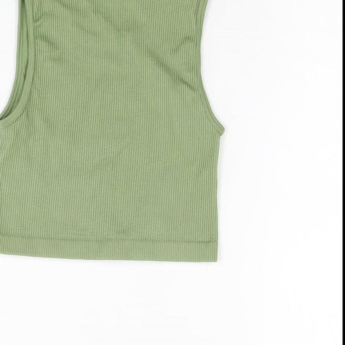 PRETTYLITTLETHING Womens Green Polyester Cropped T-Shirt Size XS Round Neck