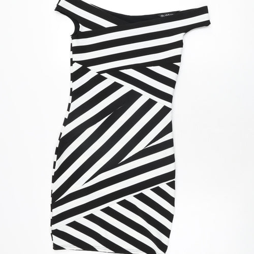 Miss Selfridge Womens Black Striped Polyester Bodycon Size 8 Off the Shoulder Zip