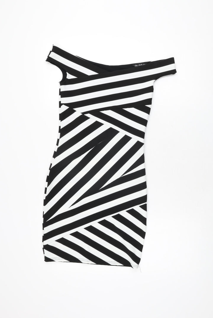 Miss Selfridge Womens Black Striped Polyester Bodycon Size 8 Off the Shoulder Zip