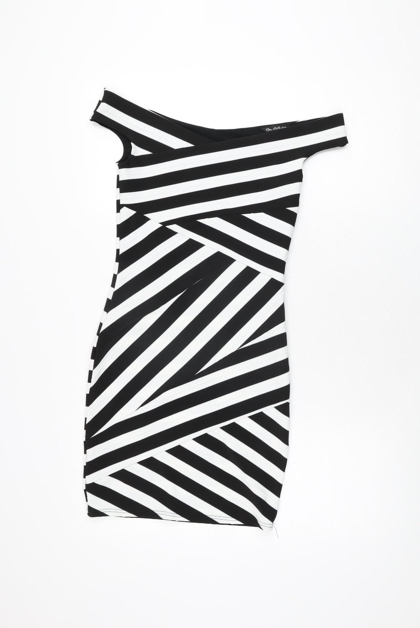 Miss Selfridge Womens Black Striped Polyester Bodycon Size 8 Off the Shoulder Zip
