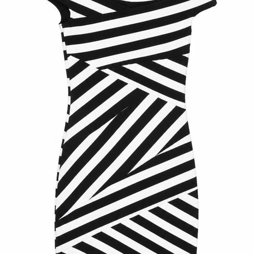 Miss Selfridge Womens Black Striped Polyester Bodycon Size 8 Off the Shoulder Zip