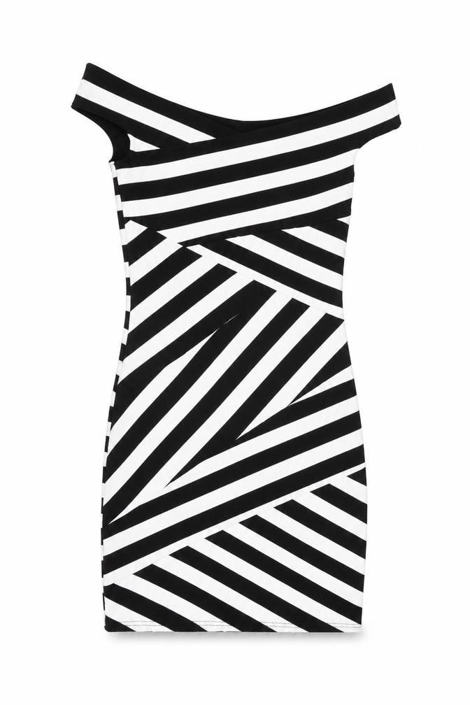 Miss Selfridge Womens Black Striped Polyester Bodycon Size 8 Off the Shoulder Zip