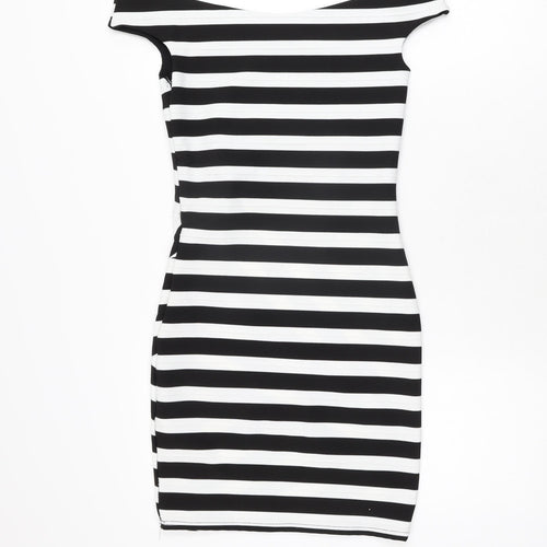 Miss Selfridge Womens Black Striped Polyester Bodycon Size 8 Off the Shoulder Zip