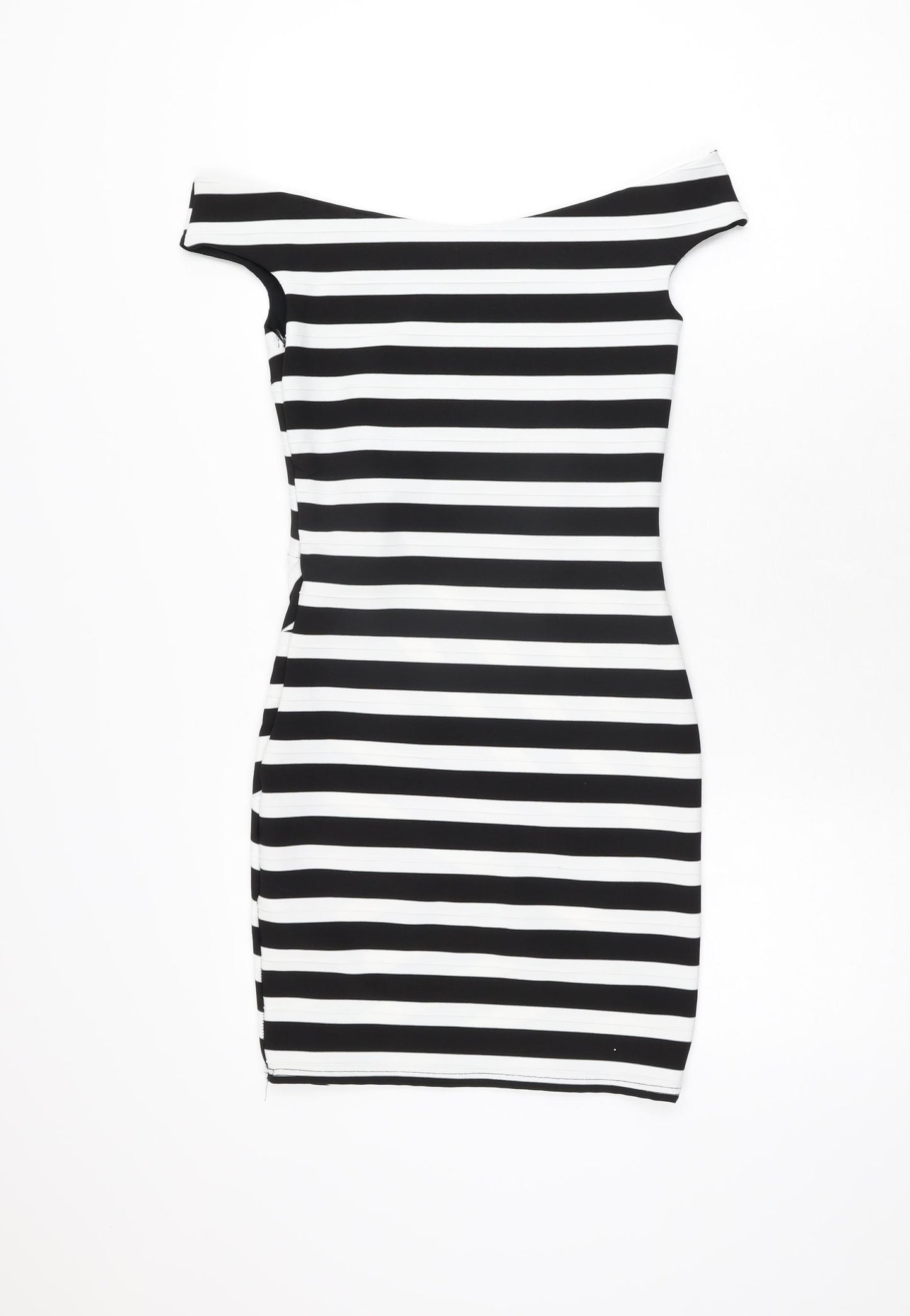 Miss Selfridge Womens Black Striped Polyester Bodycon Size 8 Off the Shoulder Zip