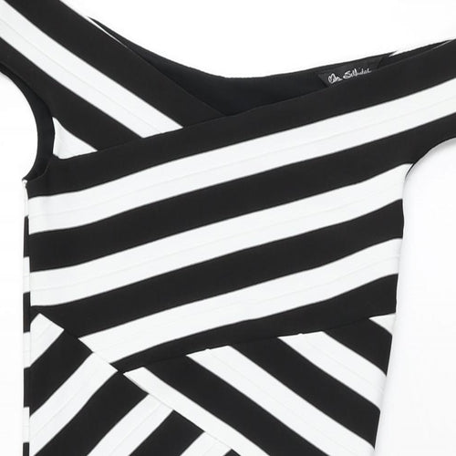 Miss Selfridge Womens Black Striped Polyester Bodycon Size 8 Off the Shoulder Zip