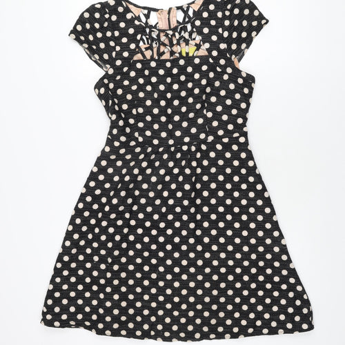 Maeve Womens Black Polka Dot Polyester Skater Dress Size 10 Round Neck Zip