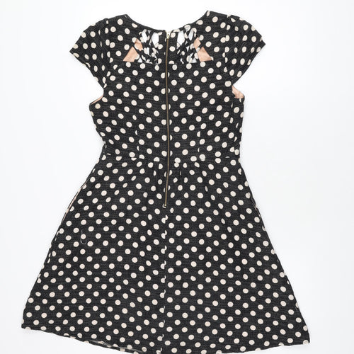Maeve Womens Black Polka Dot Polyester Skater Dress Size 10 Round Neck Zip