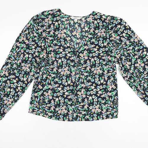 Marks and Spencer Womens Blue Floral Polyester Basic Blouse Size 8 V-Neck