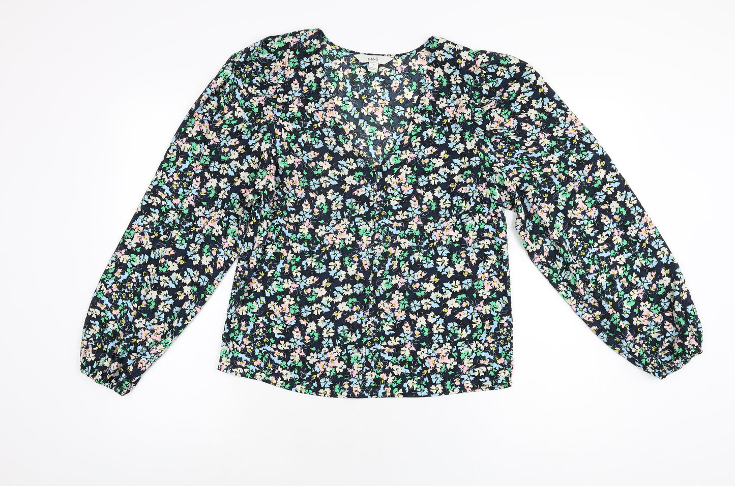 Marks and Spencer Womens Blue Floral Polyester Basic Blouse Size 8 V-Neck