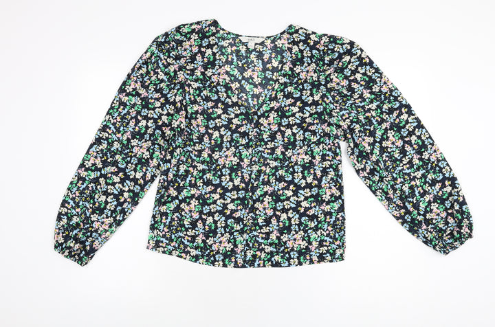 Marks and Spencer Womens Blue Floral Polyester Basic Blouse Size 8 V-Neck