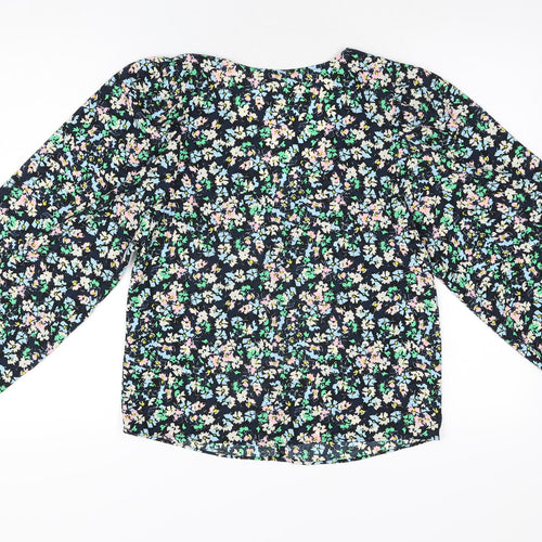 Marks and Spencer Womens Blue Floral Polyester Basic Blouse Size 8 V-Neck