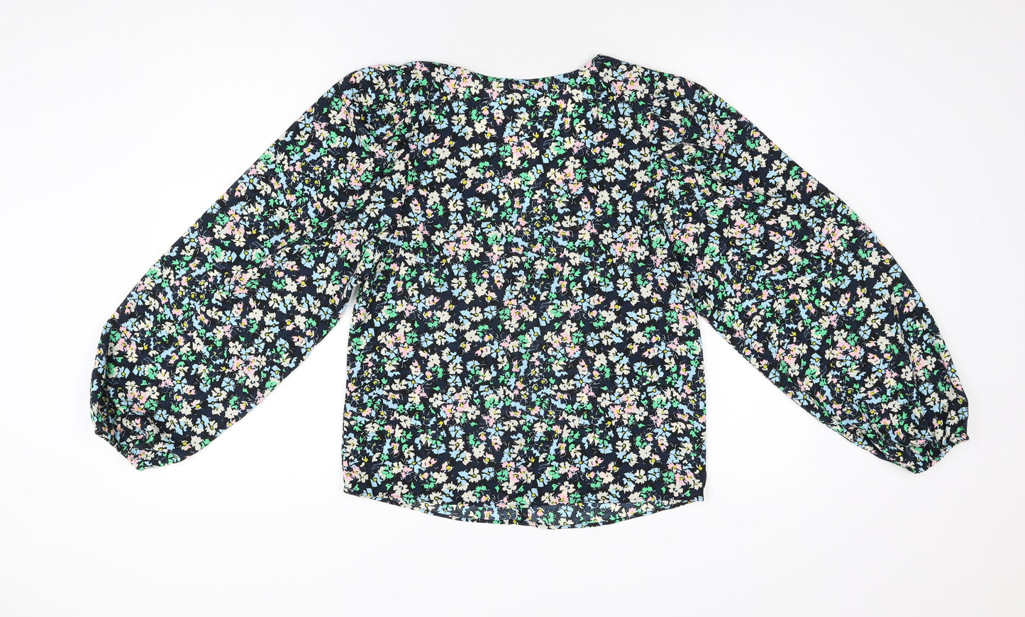 Marks and Spencer Womens Blue Floral Polyester Basic Blouse Size 8 V-Neck