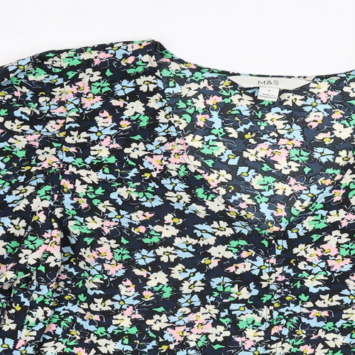 Marks and Spencer Womens Blue Floral Polyester Basic Blouse Size 8 V-Neck