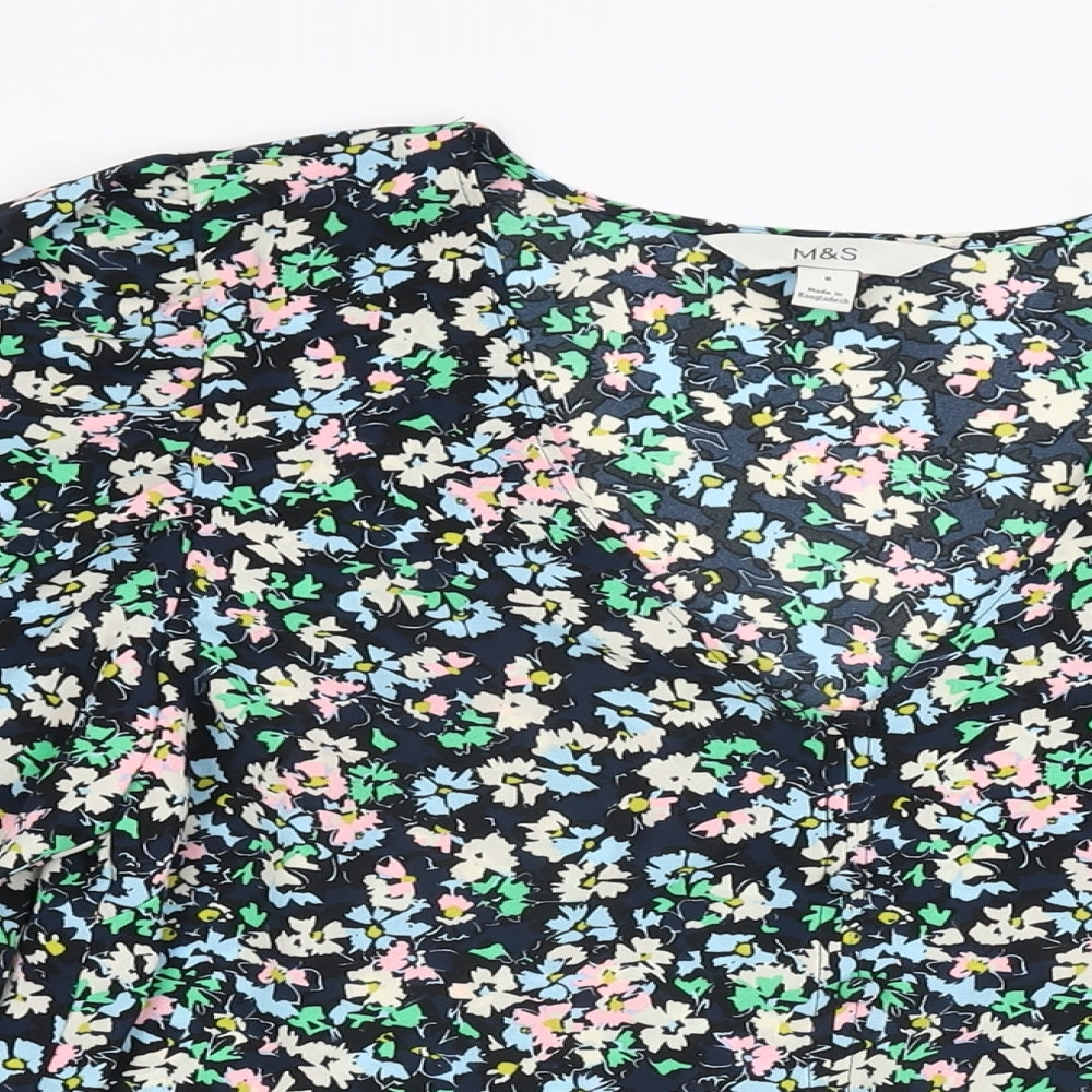 Marks and Spencer Womens Blue Floral Polyester Basic Blouse Size 8 V-Neck
