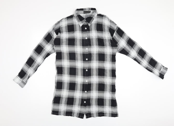 PRETTYLITTLETHING Womens Black Plaid Viscose Basic Button-Up Size 6 Collared