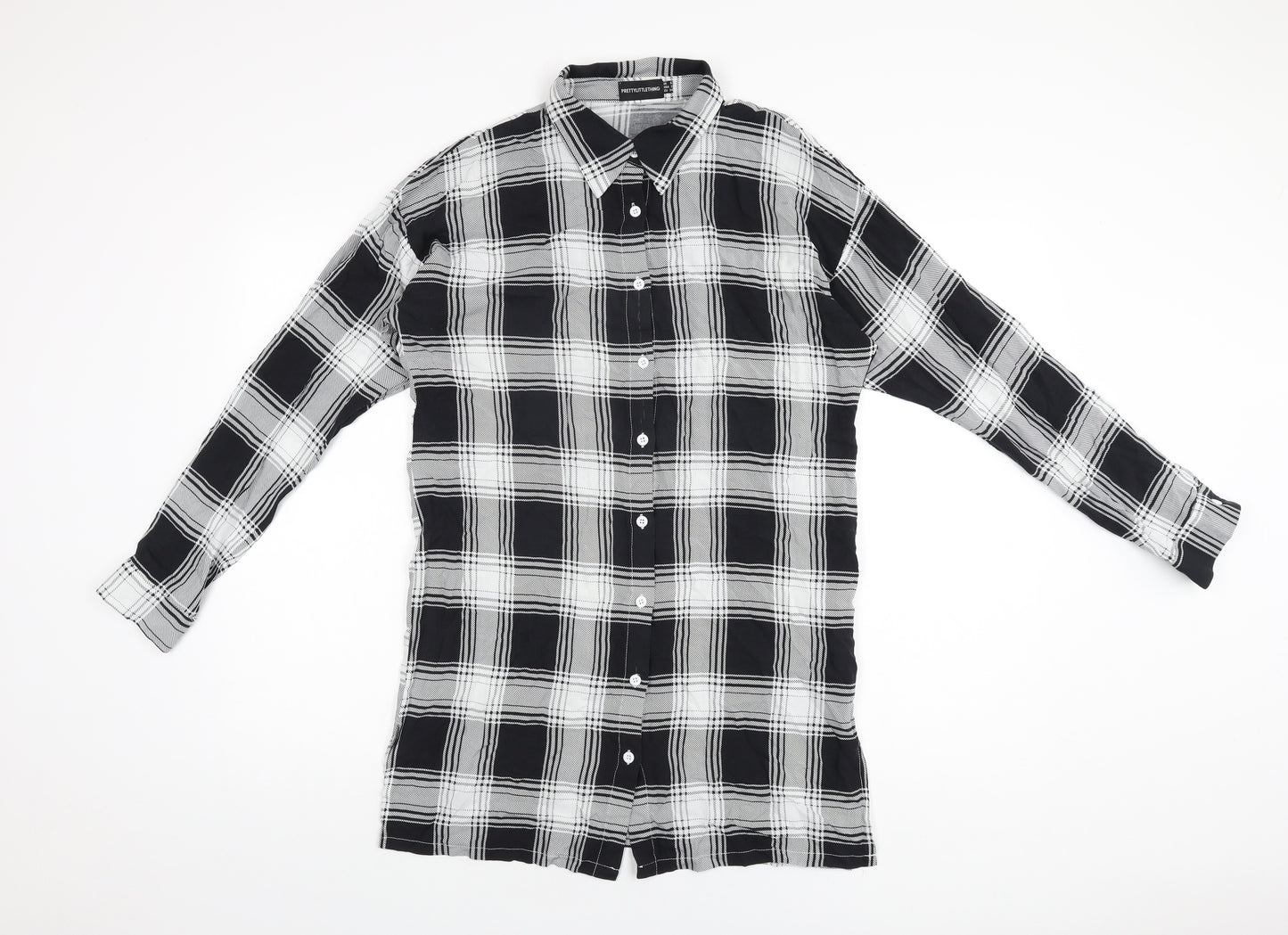 PRETTYLITTLETHING Womens Black Plaid Viscose Basic Button-Up Size 6 Collared