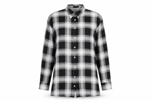 Front view of PRETTYLITTLETHING women’s black plaid viscose basic button-up, size UK 6, collared