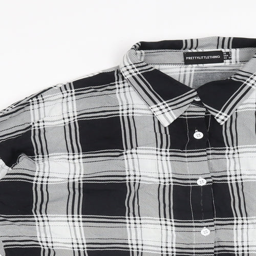 PRETTYLITTLETHING Womens Black Plaid Viscose Basic Button-Up Size 6 Collared