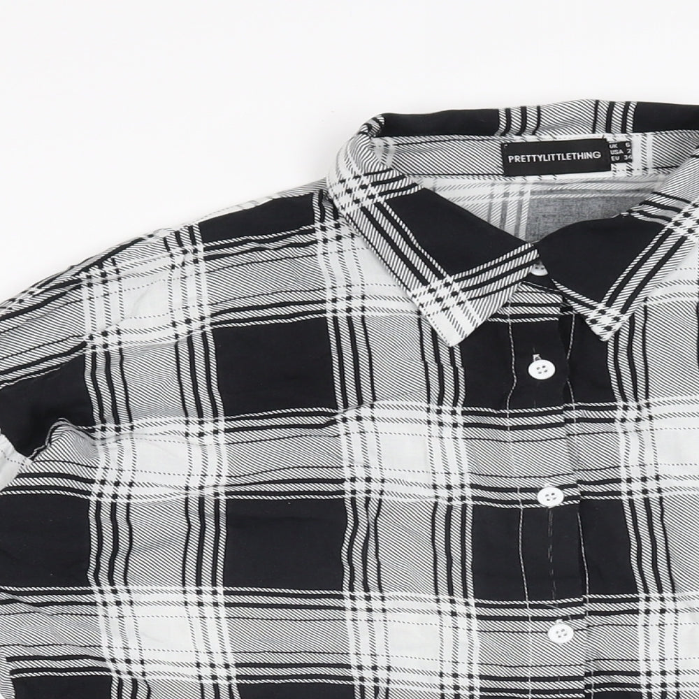 PRETTYLITTLETHING Womens Black Plaid Viscose Basic Button-Up Size 6 Collared