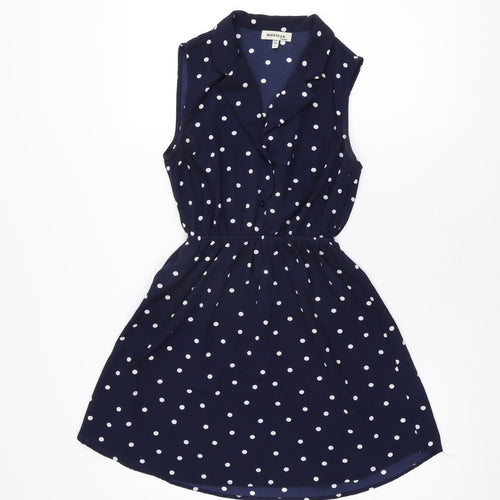 Monteau Girls Blue Polka Dot Polyester Skater Dress Size L Collared Button