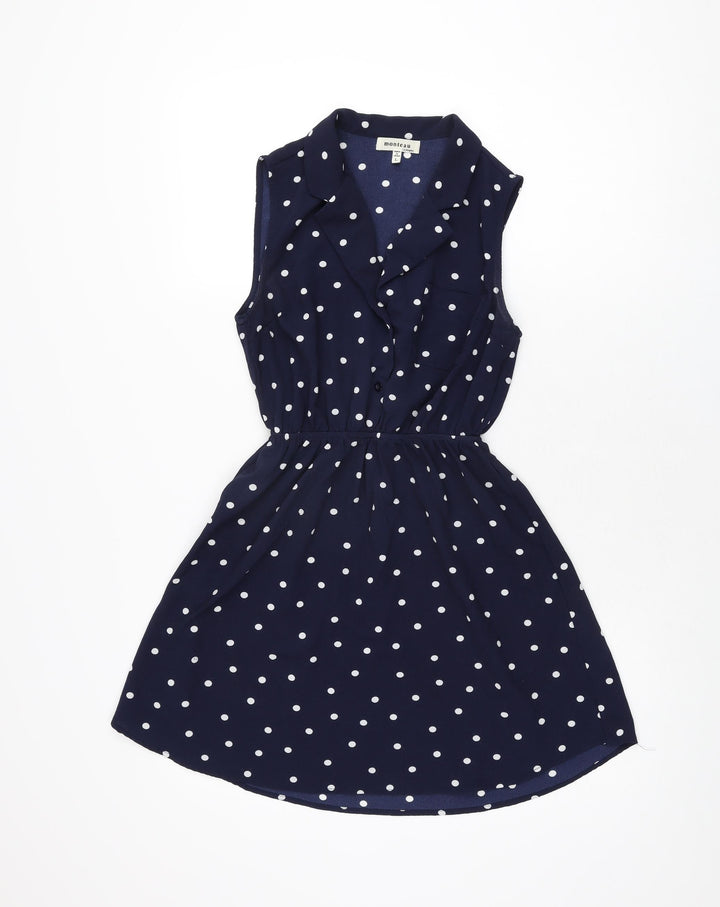 Monteau Girls Blue Polka Dot Polyester Skater Dress Size L Collared Button