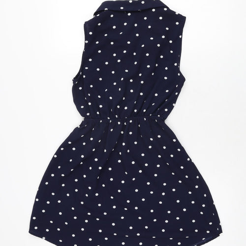 Monteau Girls Blue Polka Dot Polyester Skater Dress Size L Collared Button