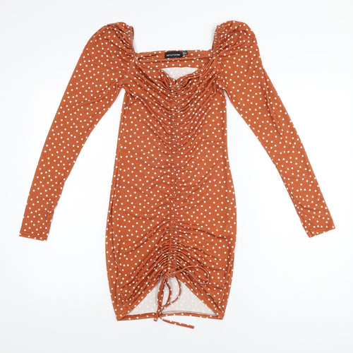 PRETTYLITTLETHING Womens Brown Polka Dot Polyester Bodycon Size 8 Sweetheart Pullover