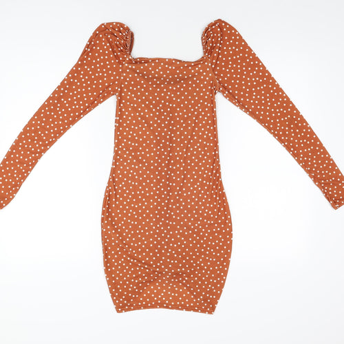 PRETTYLITTLETHING Womens Brown Polka Dot Polyester Bodycon Size 8 Sweetheart Pullover