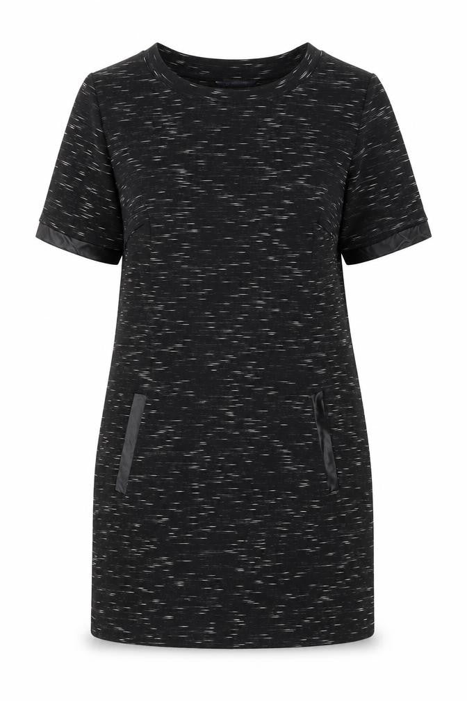 Front view of Marks & Spencer women’s black geometric polyester shift, size UK 12, round neck pullover