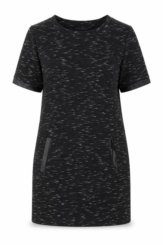 Front view of Marks & Spencer women’s black geometric polyester shift, size UK 12, round neck pullover