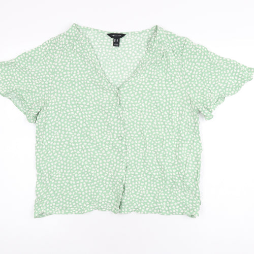 New Look Womens Green Geometric Viscose Basic Button-Up Size 14 V-Neck