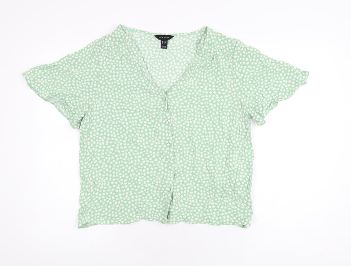 New Look Womens Green Geometric Viscose Basic Button-Up Size 14 V-Neck