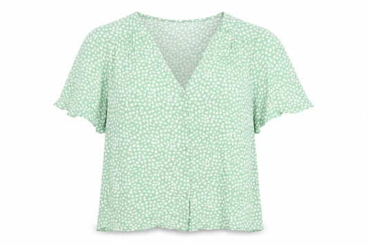 Front view of New Look women’s green geometric viscose basic button-up, size UK 14, v-neck