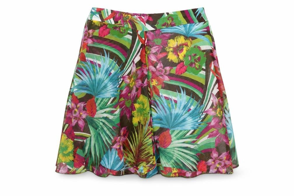 Front view of Zandra women’s multicoloured floral polyester swing skirt, size UK 22, zip