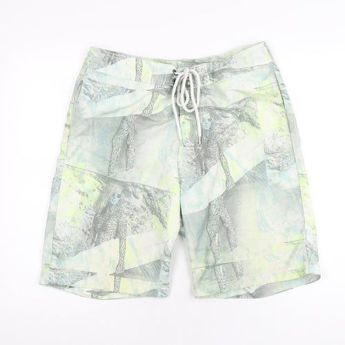 H&M Mens Green Geometric Polyester Bermuda Shorts Size M L9 in Regular Drawstring - Swim Short