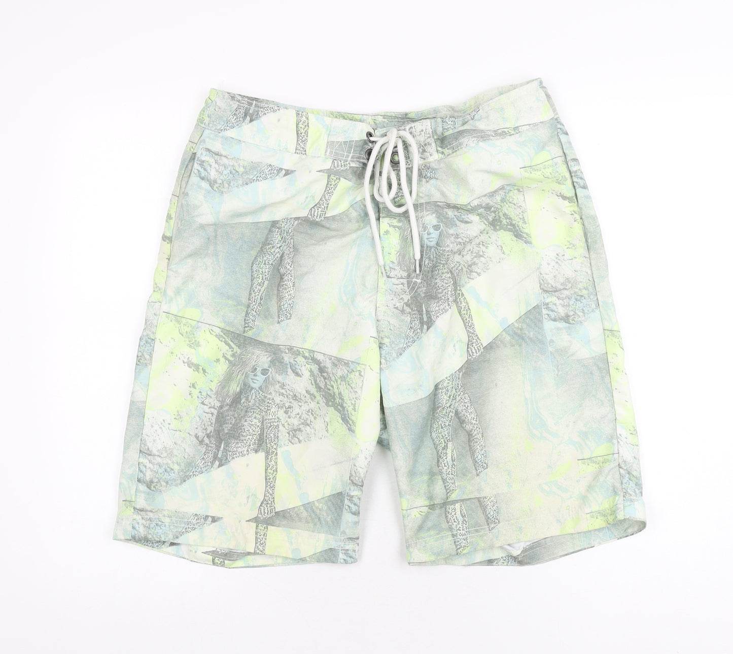 H&M Mens Green Geometric Polyester Bermuda Shorts Size M L9 in Regular Drawstring - Swim Short