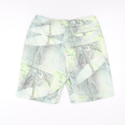 H&M Mens Green Geometric Polyester Bermuda Shorts Size M L9 in Regular Drawstring - Swim Short