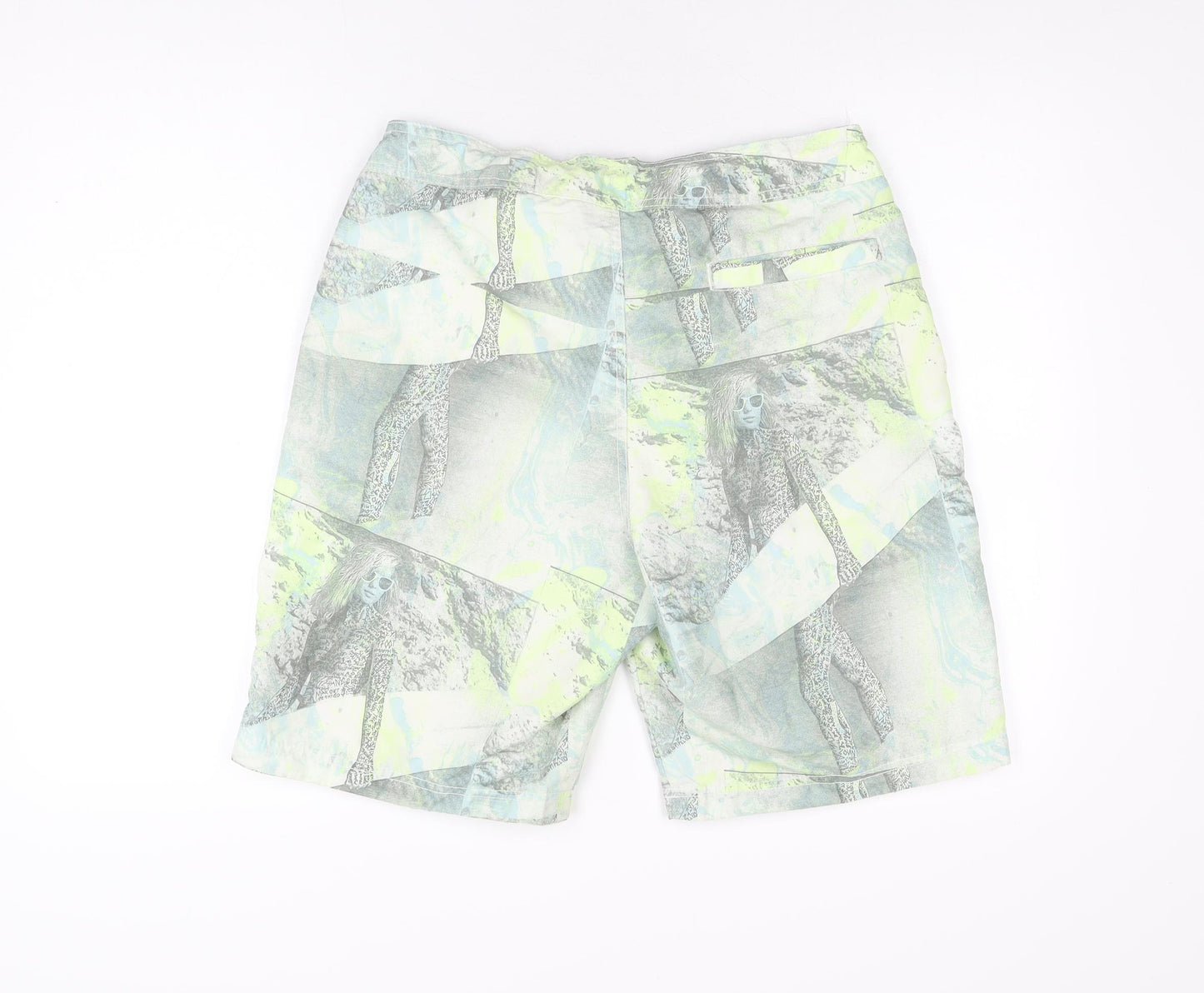 H&M Mens Green Geometric Polyester Bermuda Shorts Size M L9 in Regular Drawstring - Swim Short