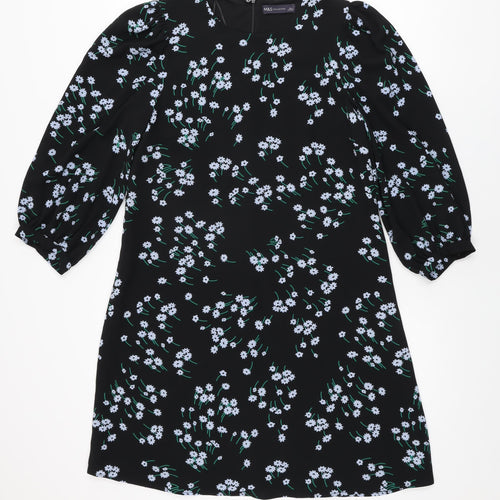 Marks and Spencer Womens Black Floral Polyester Shift Size 8 Round Neck Zip