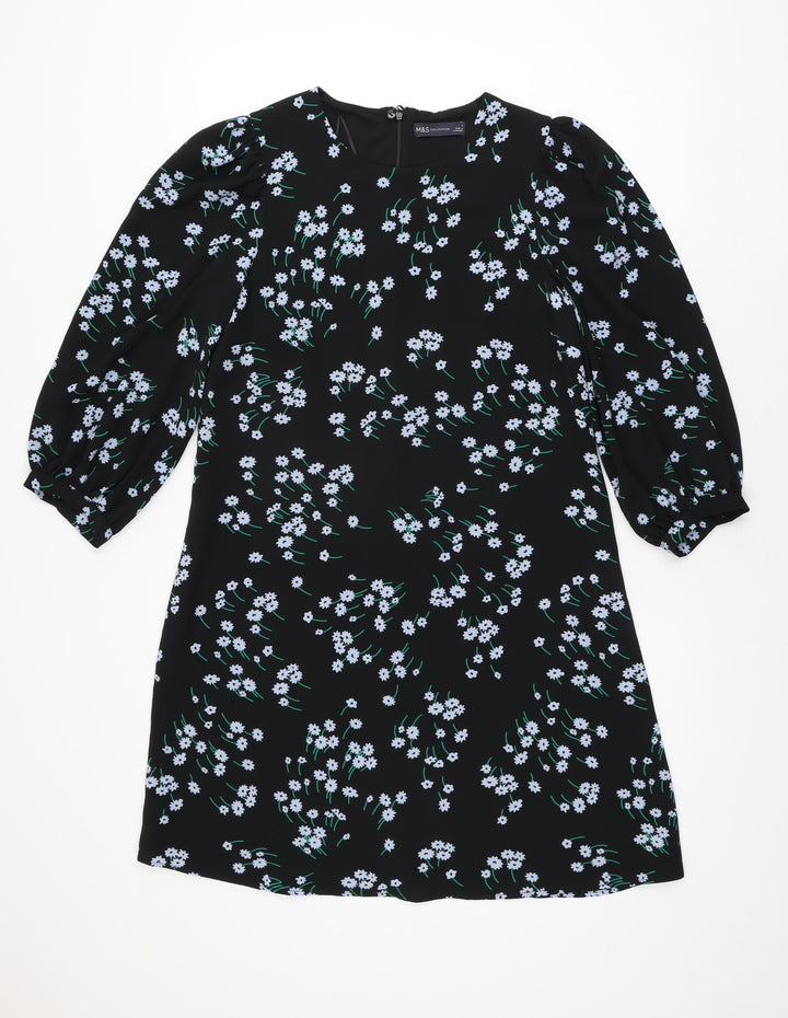 Marks and Spencer Womens Black Floral Polyester Shift Size 8 Round Neck Zip