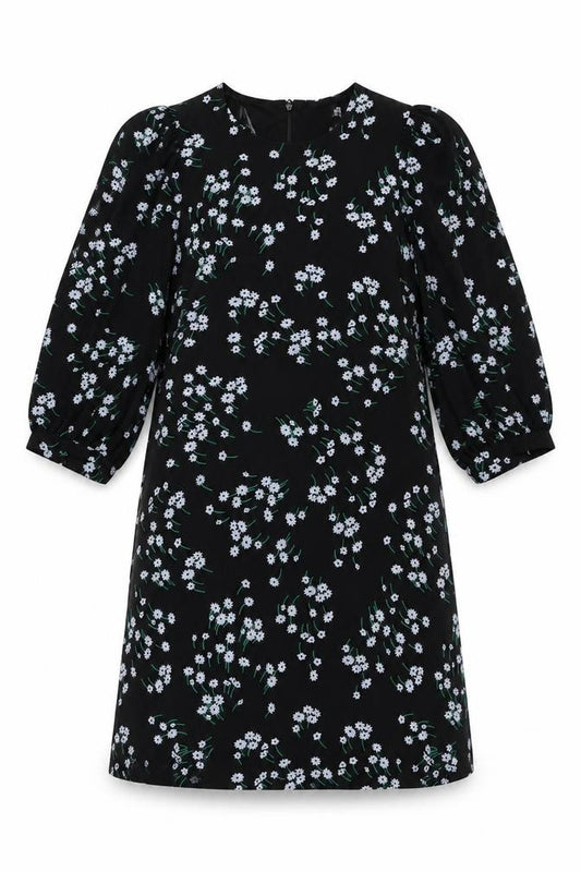 Front view of Marks & Spencer women’s black floral polyester shift, size UK 8, round neck zip