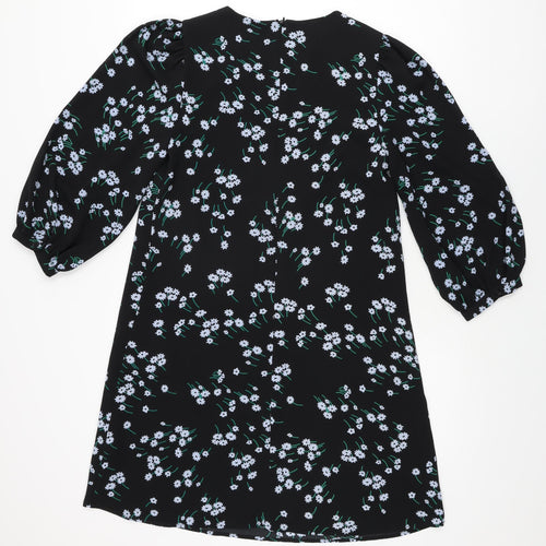 Marks and Spencer Womens Black Floral Polyester Shift Size 8 Round Neck Zip